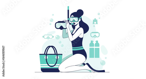 Woman preparing for a scuba diving adventure, ready to explore the underwater world with her equipment and gear in hand