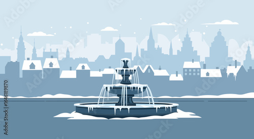 Winter city landscape with snowy fountain and architecture background design