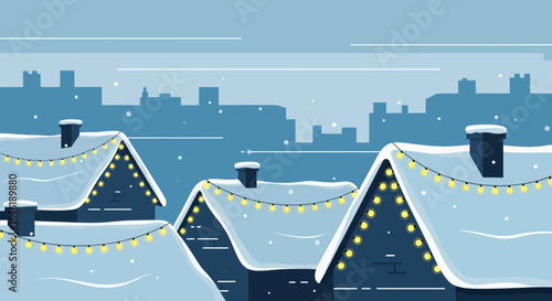 Winter city rooftops covered in snow, adorned with festive light strings creating a cozy Christmas ambiance