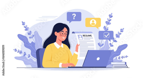 Woman preparing resume and applying for job online, career development illustration