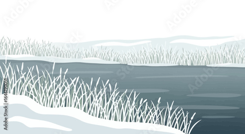 Winter landscape illustration featuring a frozen river and snow-covered reeds drawing inspiration from nature