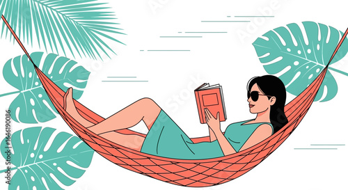 Woman Reading Relaxing In Hammock Under Palm Trees Vector Illustration