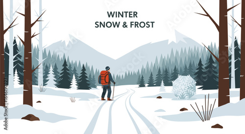Winter landscape with hiker and snowy mountain backdrop for outdoor adventure seekers