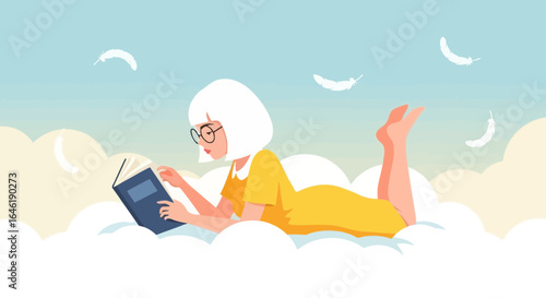Woman relaxing on clouds reading a book, dreamlike scene with floating feathers and pastel colors, creating a peaceful and imaginative atmosphere
