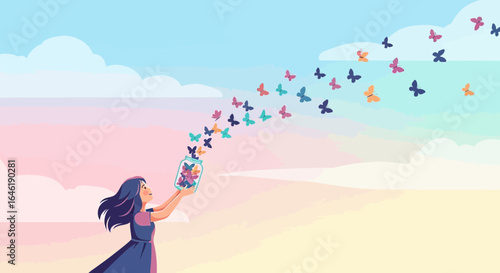 Woman releases butterflies from a jar into a vibrant and hopeful pastel sky illustration