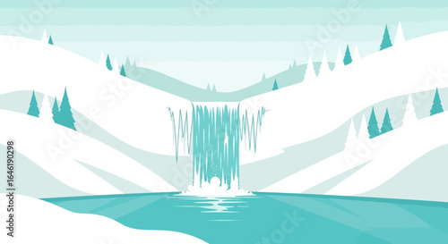Winter Landscape With Snow Covered Mountains Waterfall And Evergreen Trees