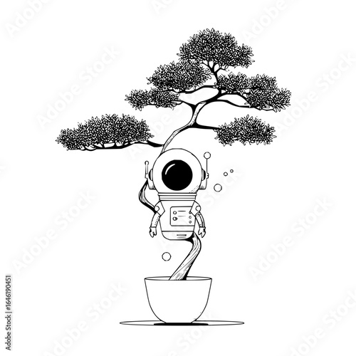 Bonsai astronaut drawing illustration space exploration future art sci fi fantasy surrealism ink sketch design 100