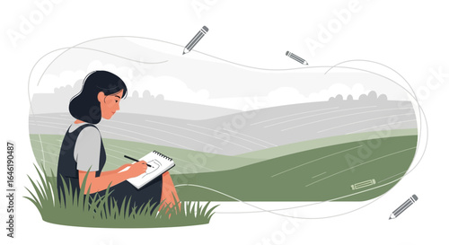 Woman sitting in a field drawing in a sketchbook vector illustration design