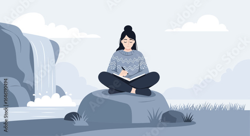 Woman sitting on a rock near a waterfall, writing in a notebook in a peaceful landscape with mountains