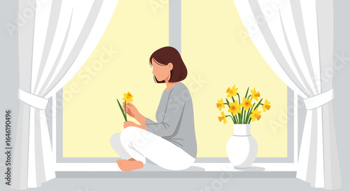 Woman sitting on a windowsill with daffodils, enjoying the beauty of springtime indoors