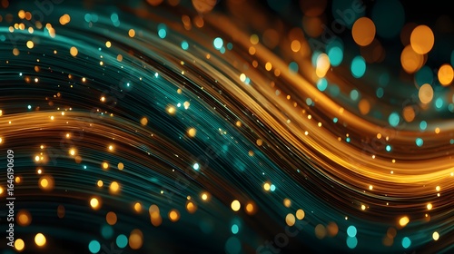 Abstract design with swirling lines and glittering particles.