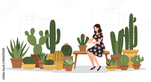 Woman taking care of houseplants and cacti in pots on white background