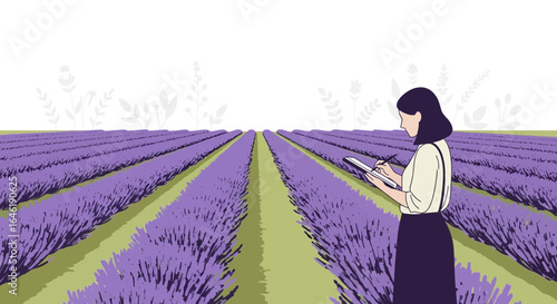 Woman taking notes in a vibrant lavender field under a bright sky illustration