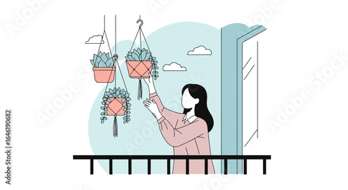 Woman tending to her hanging potted plants on the balcony, an indoor gardening activity