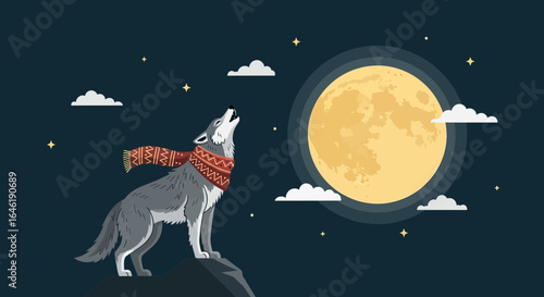 Winter Serenade Wolf Howling at The Moon Illustration Against Starry Night