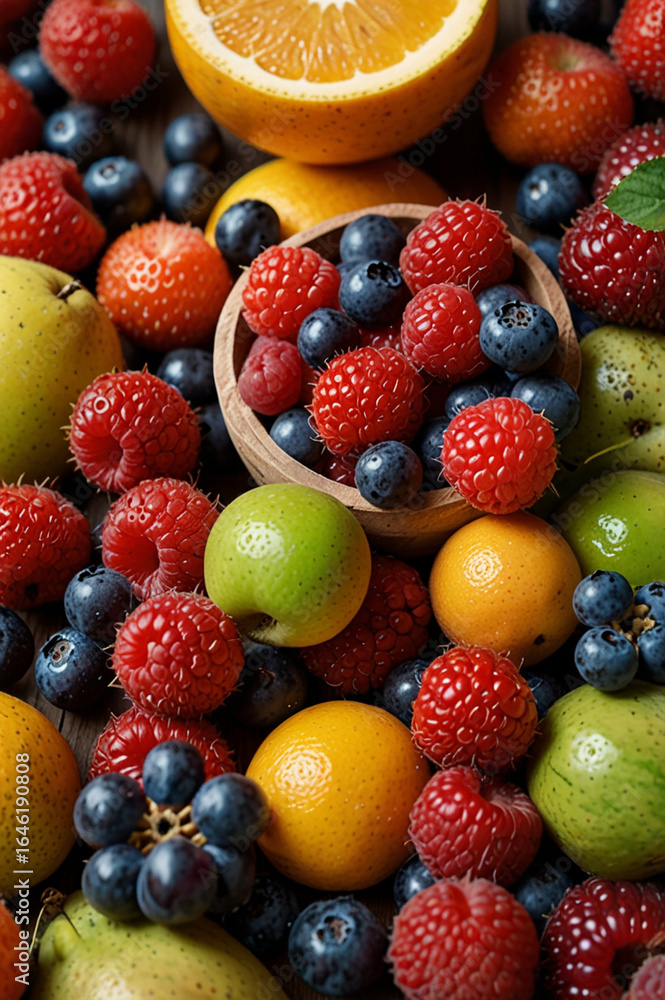 Obraz premium still life composition featuring a variety of fresh, ripe fruits and berries 