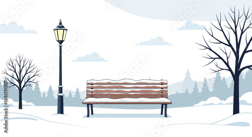 Winter Solitude Serene Scene of Snow Covered Bench and Lamp Post Scenery