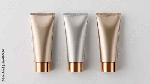 Elegant metallic cosmetic tubes, gold and silver, offering luxurious skincare and beauty product packaging mockups