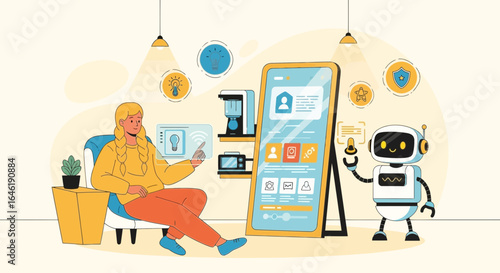 Woman using smart home technology with robot assistant in a modern apartment illustration