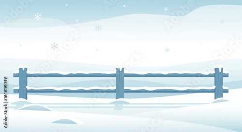 Winter wonderland cartoon landscape illustration with snow-covered fence and snowflakes falling softly from the sky
