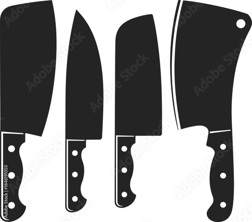 Vector illustration of kitchen butcher knives, black silhouette cleavers, chef cooking tools, sharp blade icons, culinary equipment, meat cutting design