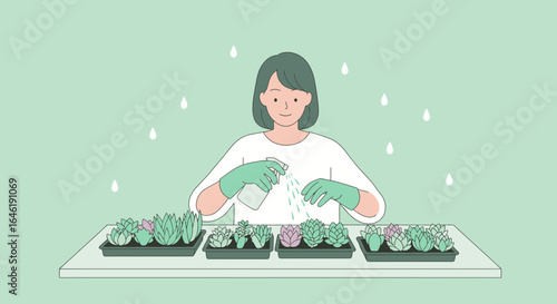 Woman watering succulents, minimalist illustration of home gardening activity indoor plants care and healthy lifestyle