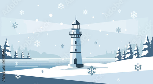 Winter wonderland landscape featuring a majestic lighthouse amidst a snowy scene