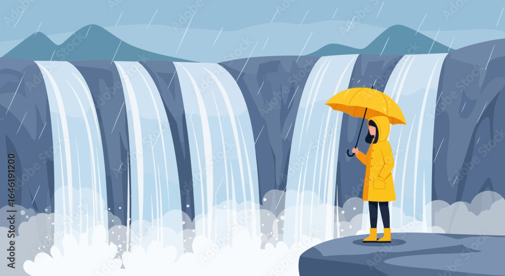 Obraz premium Woman with umbrella at a waterfall in the rain representing resilience and beauty in nature scene