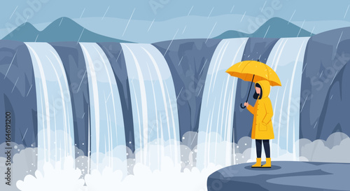 Woman with umbrella at a waterfall in the rain representing resilience and beauty in nature scene