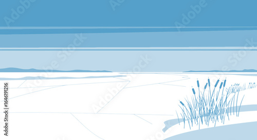 Wintertime Serenity A Frozen Lake Landscape With Cattails Under A Pale Sky