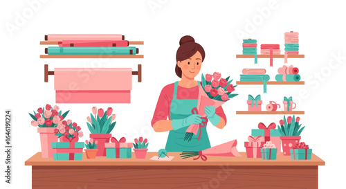 Woman working in her flower shop creating a beautiful bouquet illustration