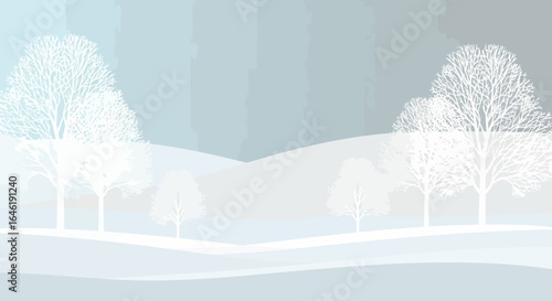 Wintery Scene In Pastel Hues With Bare Trees Over Rolling Hills Landscape