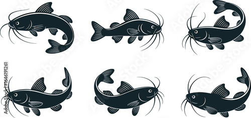 Vector illustration of six catfish, black silhouette fish set, aquatic animal design, freshwater fish, fishing, water wildlife, underwater creatures