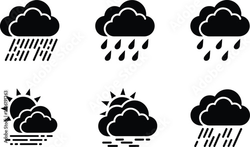 Weather icon set showing heavy rain clouds, raindrops, sun with clouds, fog, rainy weather symbols, meteorology, forecast, and precipitation graphics
