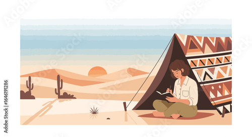Woman Writes In Her Diary In Her Tent Near Desert Cacti At Sunset