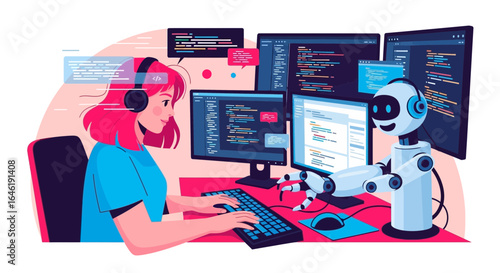 Woman and robot working together in development and artificial intelligence illustration