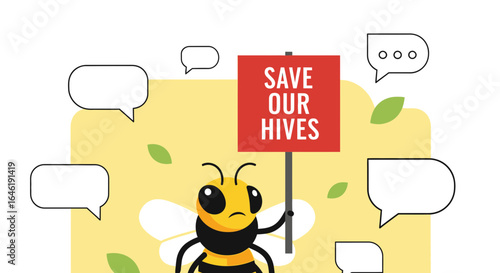 Worried Bee Cartoon Protesting for Save the Hives with Speech Bubbles