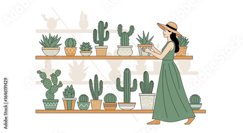 Woman Arranging Cacti And Succulents On Shelves Illustration Art Style