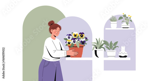 Woman Arranging Flowers At Home In A Minimalist Interior Illustration