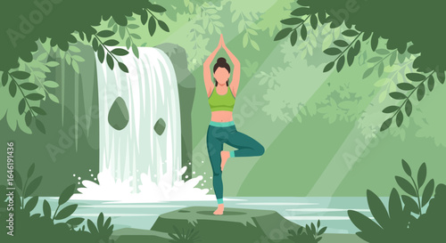 Yoga Practice In Nature Harmony and Balance in Serene Waterfall Setting