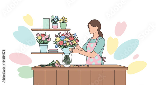 Woman arranging vibrant flowers in a bright and cheerful flower shop setting illustration