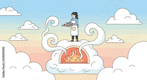 Woman Baking Cookies on A Cloud Oven Creative Concept And Illustration