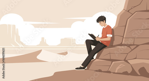 Young artist sketching desert landscape illustration with sandstone rock setting