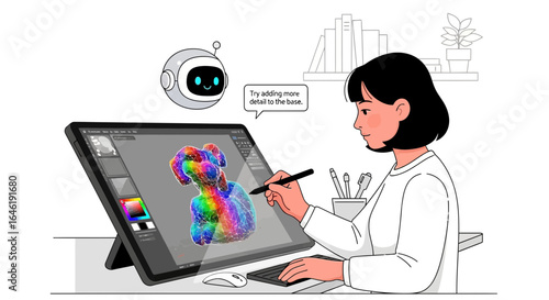 Woman creating digital art with tablet and stylus with AI assistant support for feedback and guidance