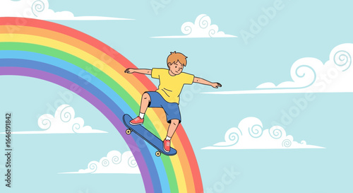 Young Boy Skateboarding On Rainbow In Sky For Summer Adventure Concept