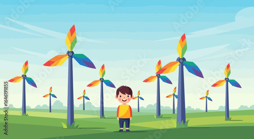 Young boy standing amidst a vibrant field of rainbow wind turbines cartoon illustration