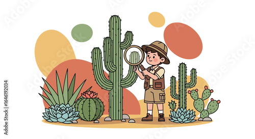 Young explorer discovering the desert life through magnifying glass amidst cacti background