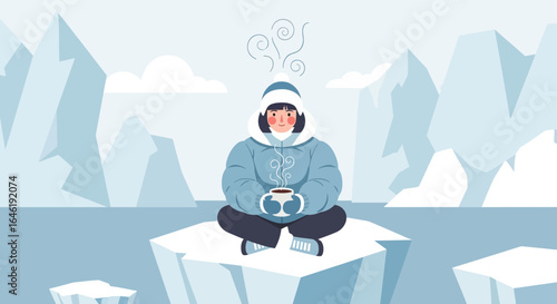 Woman enjoying hot beverage on iceberg surrounded by glaciers in arctic landscape
