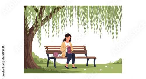 Woman enjoying knitting in a park under a weeping willow tree on a bench serene outdoor scene
