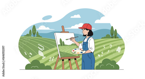 Young female artist painting landscape on canvas in nature enjoying art hobby